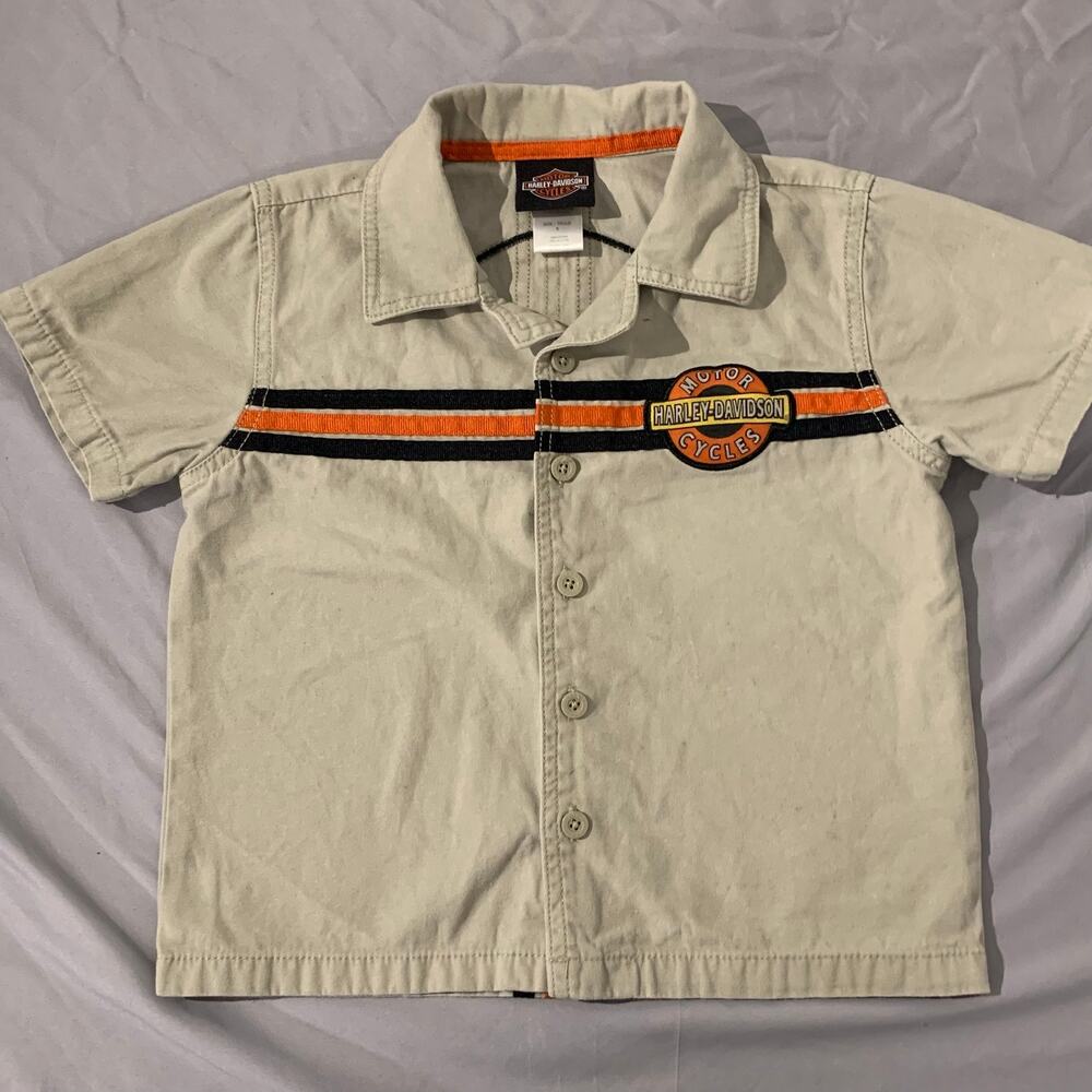 Harley-Davidson Boys Button Up Shirt Size 5 Cream Motor Cycles Patch 2013